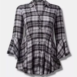 Torrid Black & White Plaid Button-Front Flare Sleeve Top Size 3